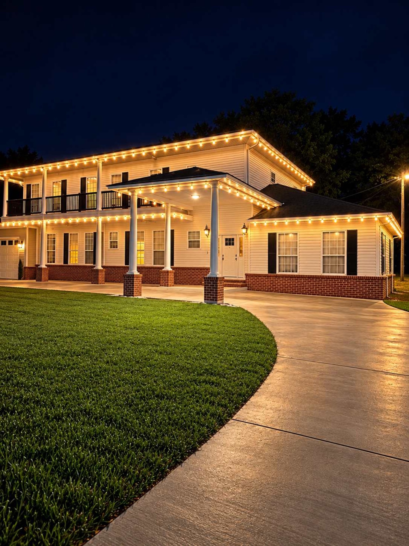 The house at dusk with warm string lights along the rooflines.