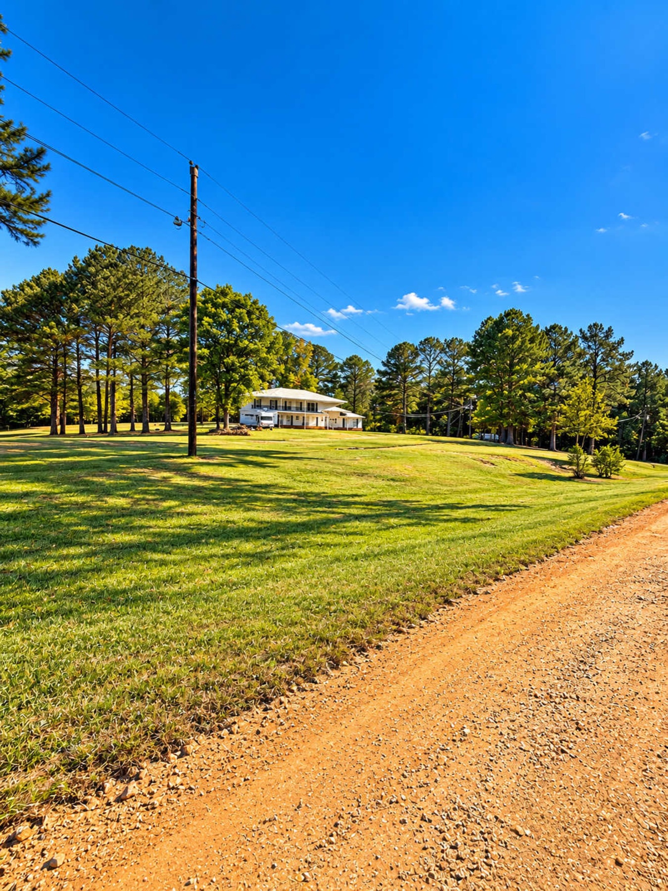 The gravel drive curving across a wide mown lawn toward the house.
