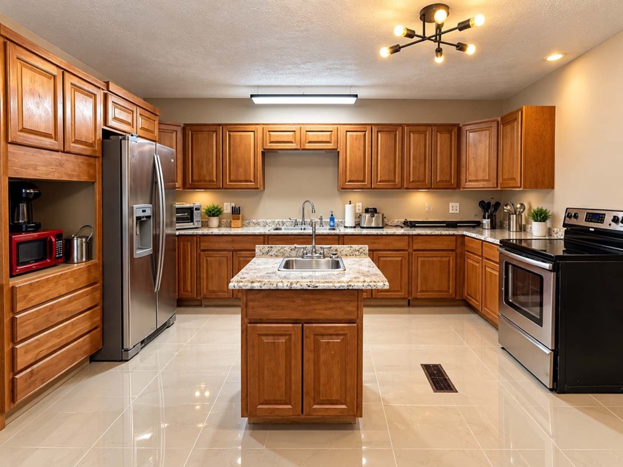 The kitchen: wood cabinets along three walls, granite counters, a center island with a second sink, a stainless refrigerator and a black electric range.
