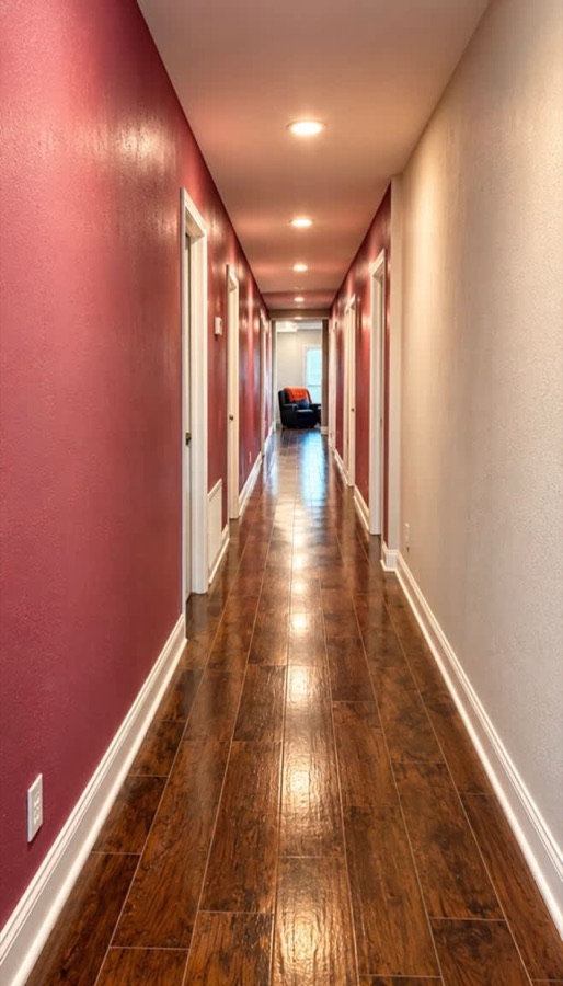 A long hallway with a deep red wall on one side and bedroom doors down both, polished wood-look floor running to a room at the far end.