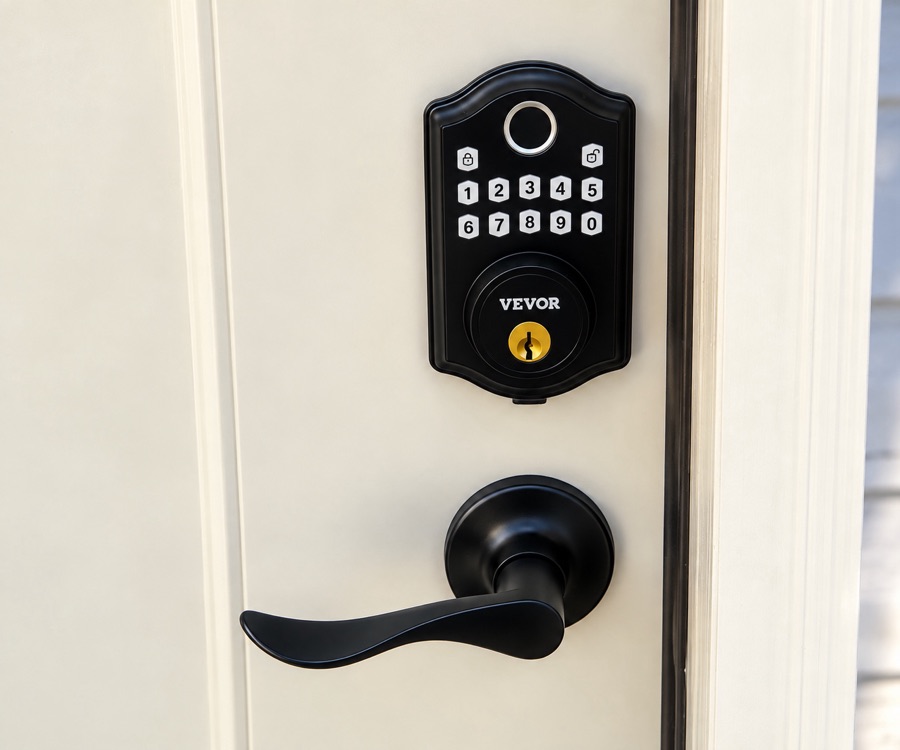 A black keypad deadbolt with a fingerprint reader mounted above a matching lever handle on a cream front door.
