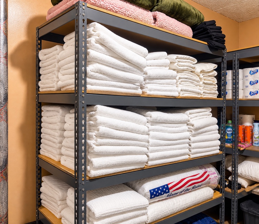 Steel shelving stacked with folded white towels, spare blankets and pillows, with household supplies on the shelves alongside.